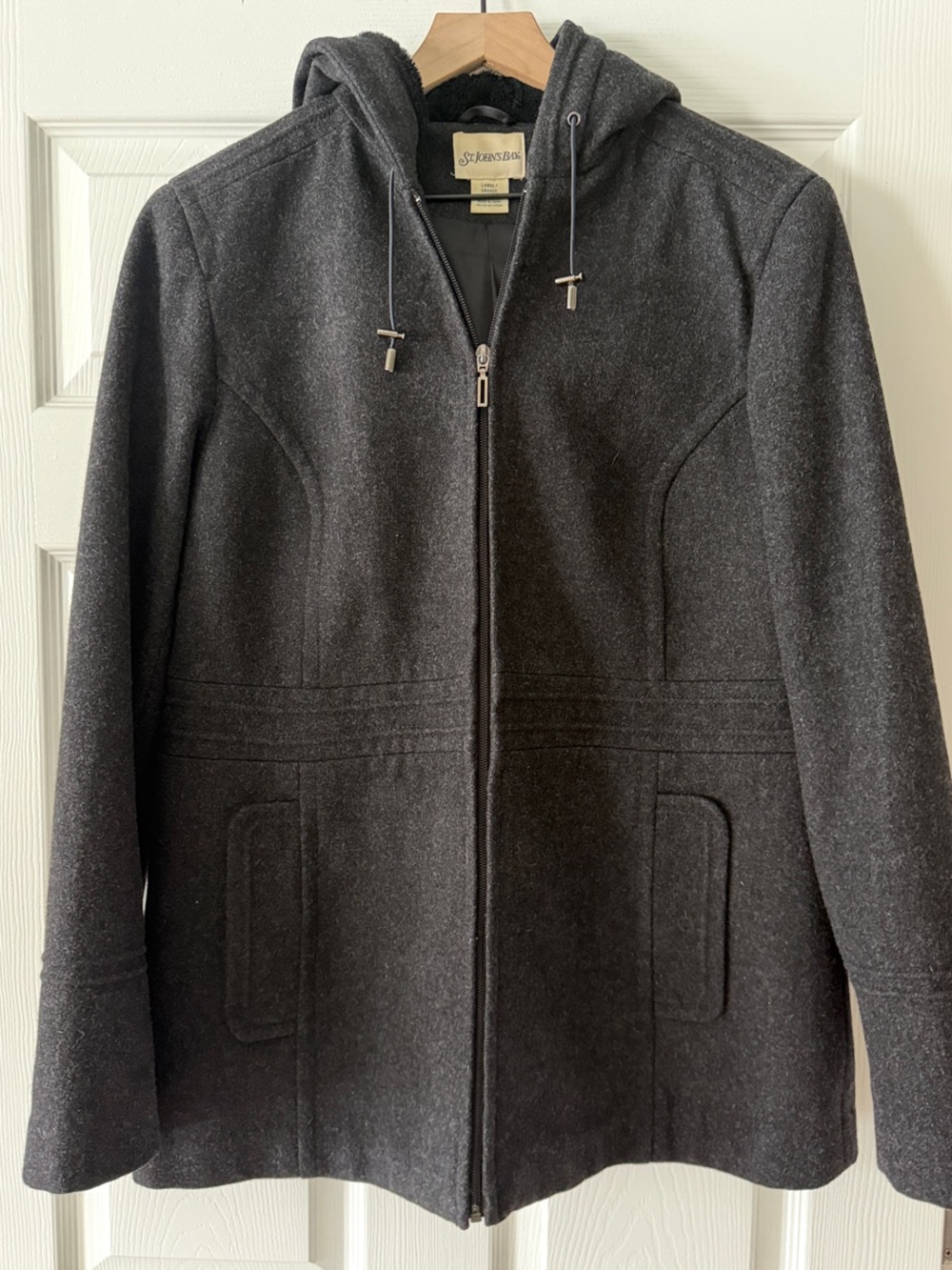 St. John's Bay Dark Charcoal Gray Wool Cashmere Blend Hooded Zip Peacoat Jacket